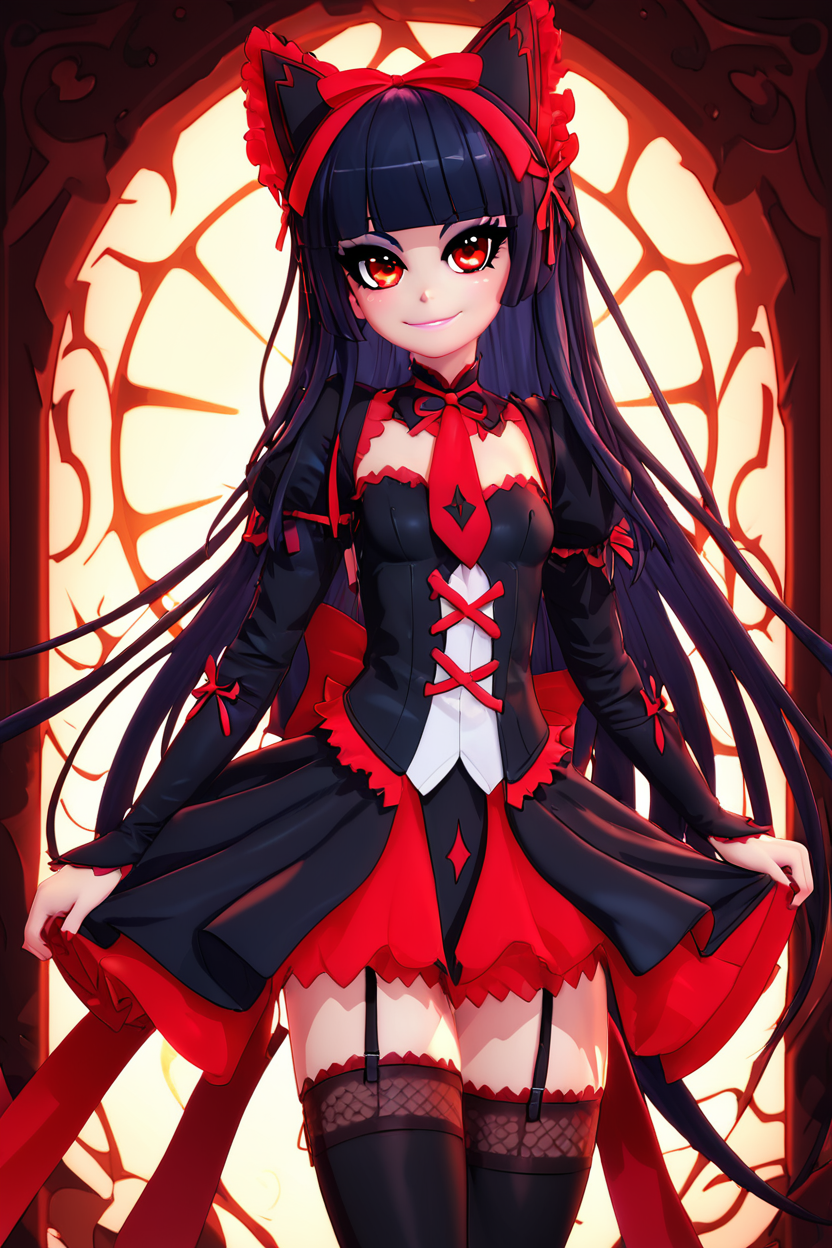score_9, score_8_up, score_8, medium breasts, (curvy), cute, eyelashes,       BREAK, ,   zzRory, red eyes, long hair, black hair, blunt bangs, hime cut, very long hair,   hair ribbon, black dress, black thighhighs, garter straps, bow,  <lora:Rory_Mercury_PDXL:0.8>,   , BREAK, smile, closed mouth, looking at viewer, cowboy shot,  ,,, embedding:zPDXL, Expressiveh, ,,, <lora:MantisStyle_PDXL_v2:0.8>, <lora:SDXLFaeTastic2400:0.5>, <lora:Expressive_H-000001:0.4>,