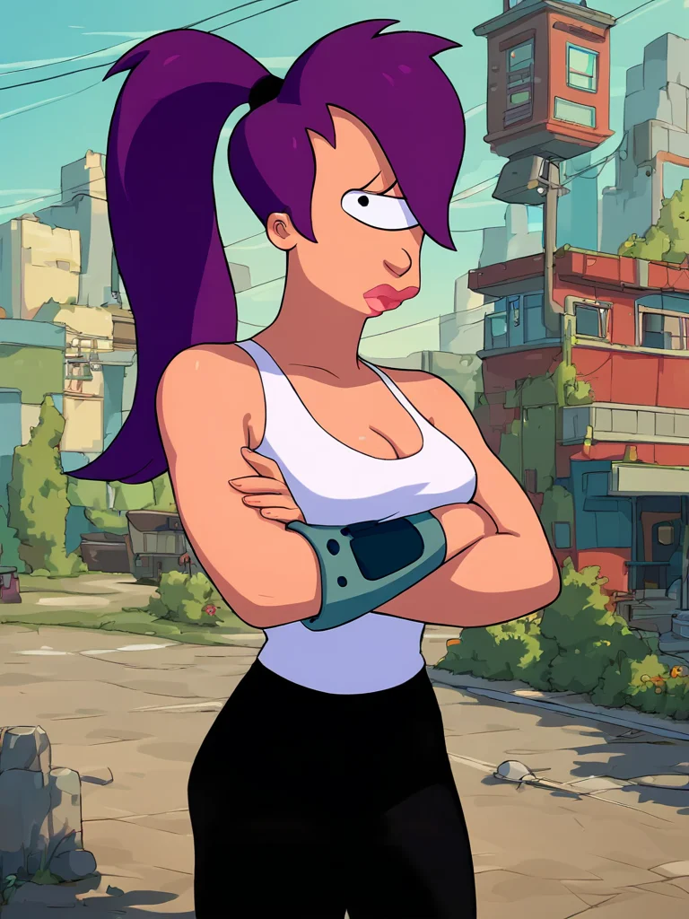 <lora:LeelaPony1.0:1> leela, 1girl, purple hair, one-eyed, cyclops, ponytail, long hair, solo, breasts, cleavage, white tank top, black pants, boots, lips,looking at viewer, crossed arms,, score_9, score_8_up, score_7_up, score_6_up