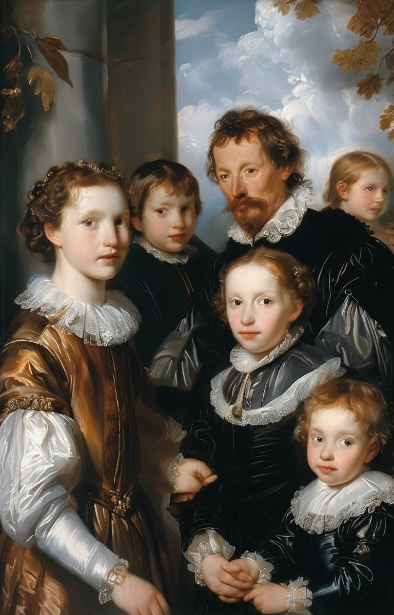 masterpiece,best quality,<lora:tbh218-sdxl:0.9>,illustration,style of Anthony van Dyck portrait of family
