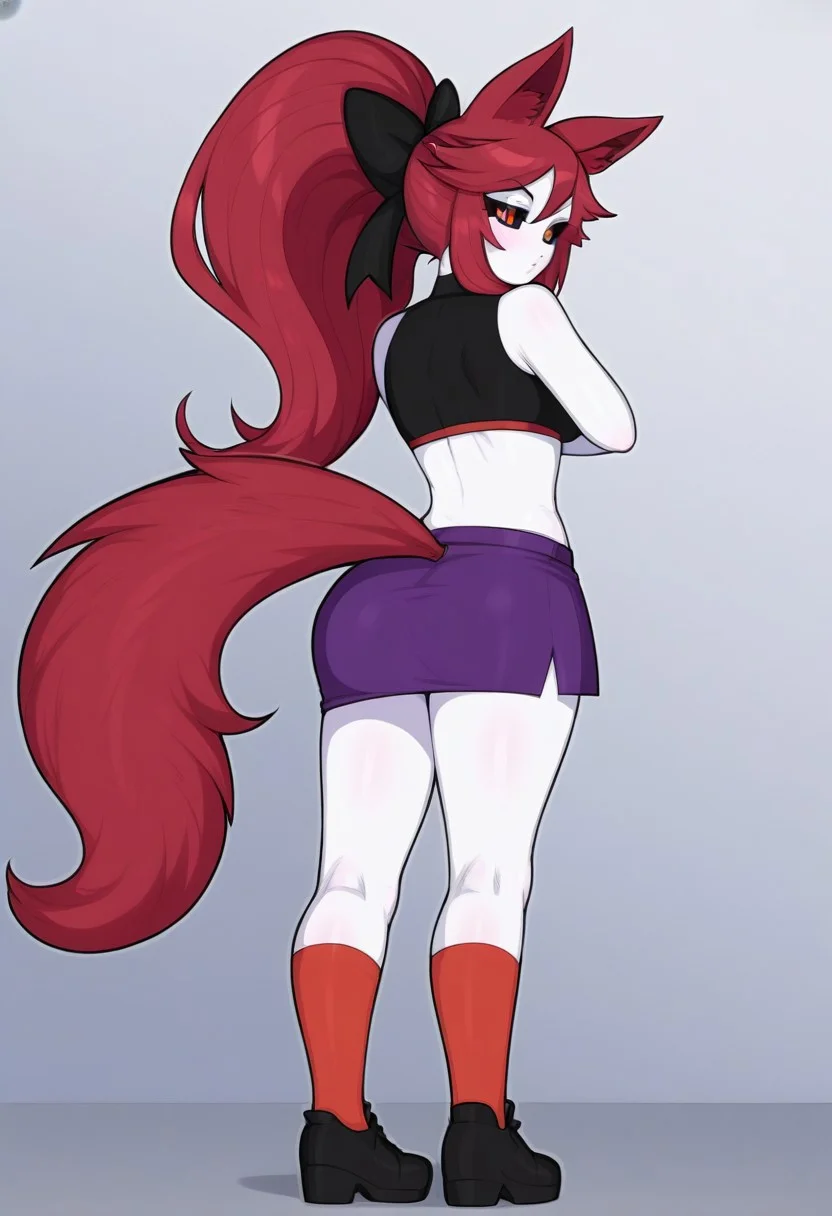 Masterpiece, High quality, Best quality, perfect eyes, perfect body, Very good quality, Oc, solo, 1girl, tall, adult, animal ears, tall wolf ears, colored sclera, wolf tail, red wolf tail with white mark on tip of tail, ((red wold tail)) purple skirt, red bikini, black sclera, ((Black sclera)) Red pupils, long red hair, long red ponytail, pink hair bow, red hair, midriff, white colored skin, ((white skin)), navel, red socks, small black shoes, standing, back view