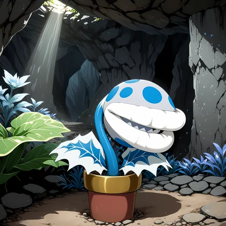 PiranhaPlantXL, blue plant, grey spots, white lips, underground cave , <lora:PiranhaPlantXL:1>, (anime, masterpiece, intricate:1.3), (best quality, hires textures, high detail:1.2), (4k),(incredibly detailed:1.4),UHD, 8K, ultra detailed