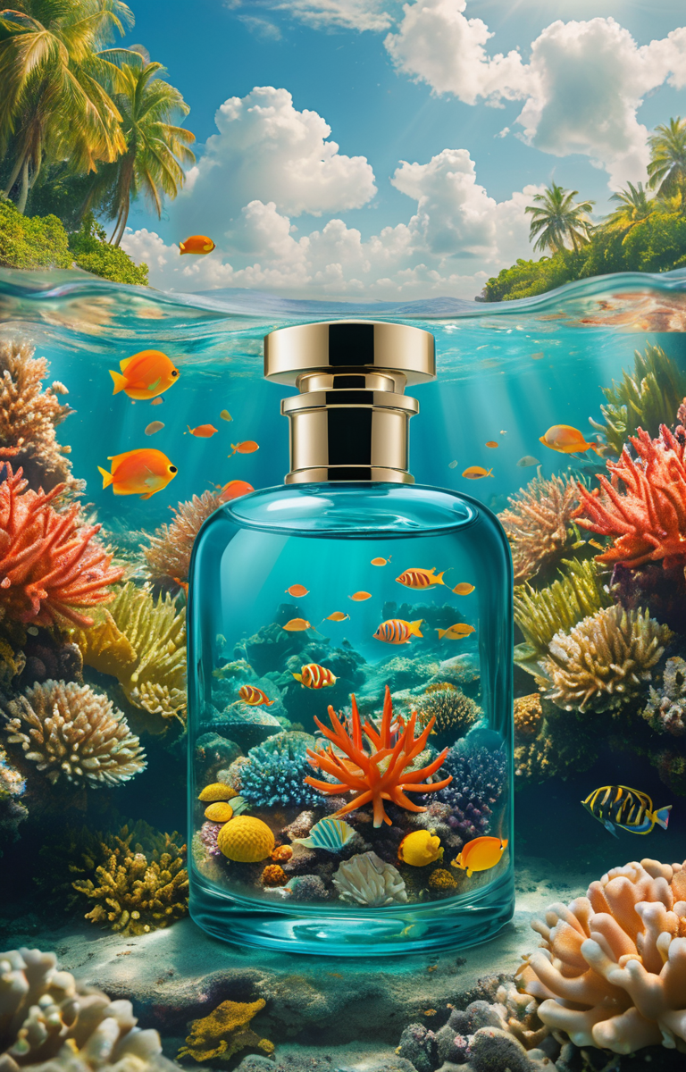 masterpiece,best quality,<lora:tbh341-sdxl:0.75>,illustration,style of underwater sea life A bottle of perfume in garden
