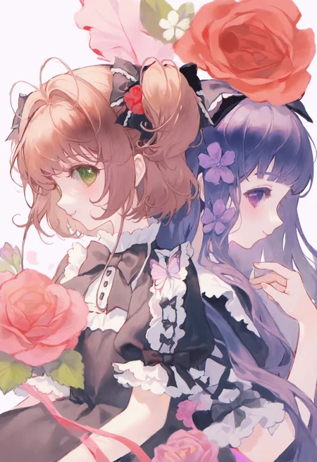 <lora:match2_noob1.1-000190:1>,(maccha \(mochancc\):0.3),
multiple girls, kinomoto sakura, 2girls, green eyes, flower, purple hair, long hair, purple eyes, short hair, daidouji tomoyo, bow, heart, black bow, pink flower, hairband, smile, upper body, red flower, hair ornament, back-to-back, two side up, purple flower, black bowtie, hair bow, short sleeves, brown hair, looking at viewer, rose, blunt bangs, white flower, butterfly, frills, profile, maid, bug, bowtie, closed mouth, ribbon, black dress, hair flower, hair ribbon, from side, twintails, puffy sleeves, puffy short sleeves, black ribbon, short twintails, sideways glance,
masterpiece,best quality,newest,absurdres,highres,very awa,