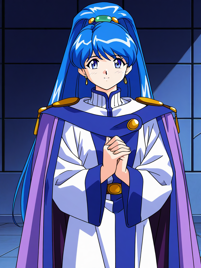 general,highres, game cg, ultra-detailed,very aesthetic,best quality ,best hands,  BREAK   <lora:Sakuya_Lansaihe_IS:1>Sakuya_Lansaihe, very blue hair, long hair, blue eyes, high ponytail, long sleeves, 1990s (style), green hairband,
earrings, jewelry, wide ponytail,  robe, bangs, cape, uniform,