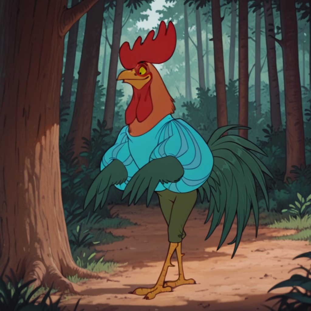 masterpiece, best quality, amazing quality, Alan-A-DaleRHil, semi-anthro, male, rooster, red comb, bird, green feathers, orange neck feathers, yellow sclera, black eyes, winged arms, blue striped shirt, puffy sleeves, green pants, green tail, standing, in forest, solo, , <lora:f61b1194-1c16-40c9-afe3-ea8d4b415a97:1.0>