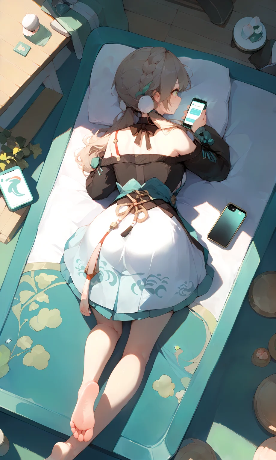 (score_9, score_8_up, score_7_up), 1girl, qingque, shoulder cutout, from behind, lying on stomach, from above, barefoot, soles, phone, mahjong tile, <lora:qingque-strPO-v1ar:0.9>