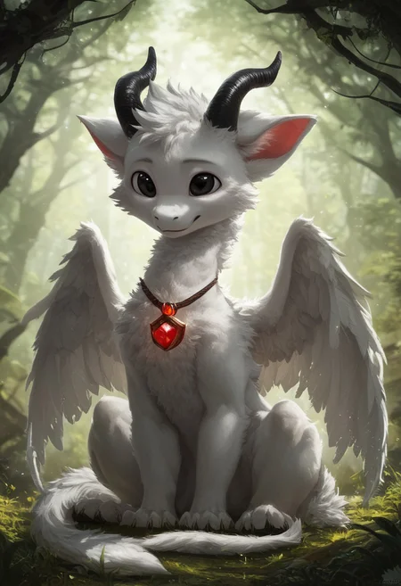 (male solo), (fine face, highly detailed face), Detailed Eyes, prick ears, 1boy, solo, (young, cute), furred dragon, black eyes, white body, detailed eyes, huge red amulet necklaces, 2 black horns, forest background, Feral Dragon, sitting, wings,
4k, 8k, hd, soft lighting, full body,
(depth of field, bokeh: 0.8), score_9, score_8_up, score_7_up, score_6_up, score_5_up, score_4_up, ponypositive,
