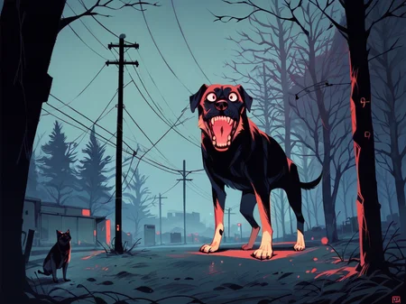 score_9, score_8_up, score_7_up, score_6_up, <lora:d4rkv1b3XLP:1> d4rkv1b3, dark, night, creepy, tree, power lines, dog, feral, solo