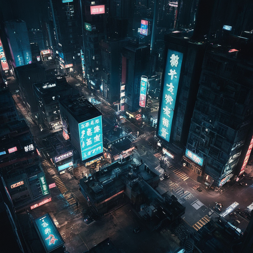 cinematic film still of  <lora:perfection style:0.3> perfection style
 <lora:Unreal Engine style:0.4> Unreal Engine style
 <lora:Ghost in the Shell style:0.8>
From above, In Japanese manga cyberpunk city a city at night with a lot of lights,outdoors,sky,no humans,night,building,scenery,science fiction,city,sign,cityscape,skyscraper,city lights,neon lights , detailed, different, real, unique, cinematic, dramatic, concept art, filmic, perfect, high quality, Ghost in the Shell style, Masamune Shirow style, shallow depth of field, vignette, highly detailed, high budget, bokeh, cinemascope, moody, epic, gorgeous, film grain, grainy