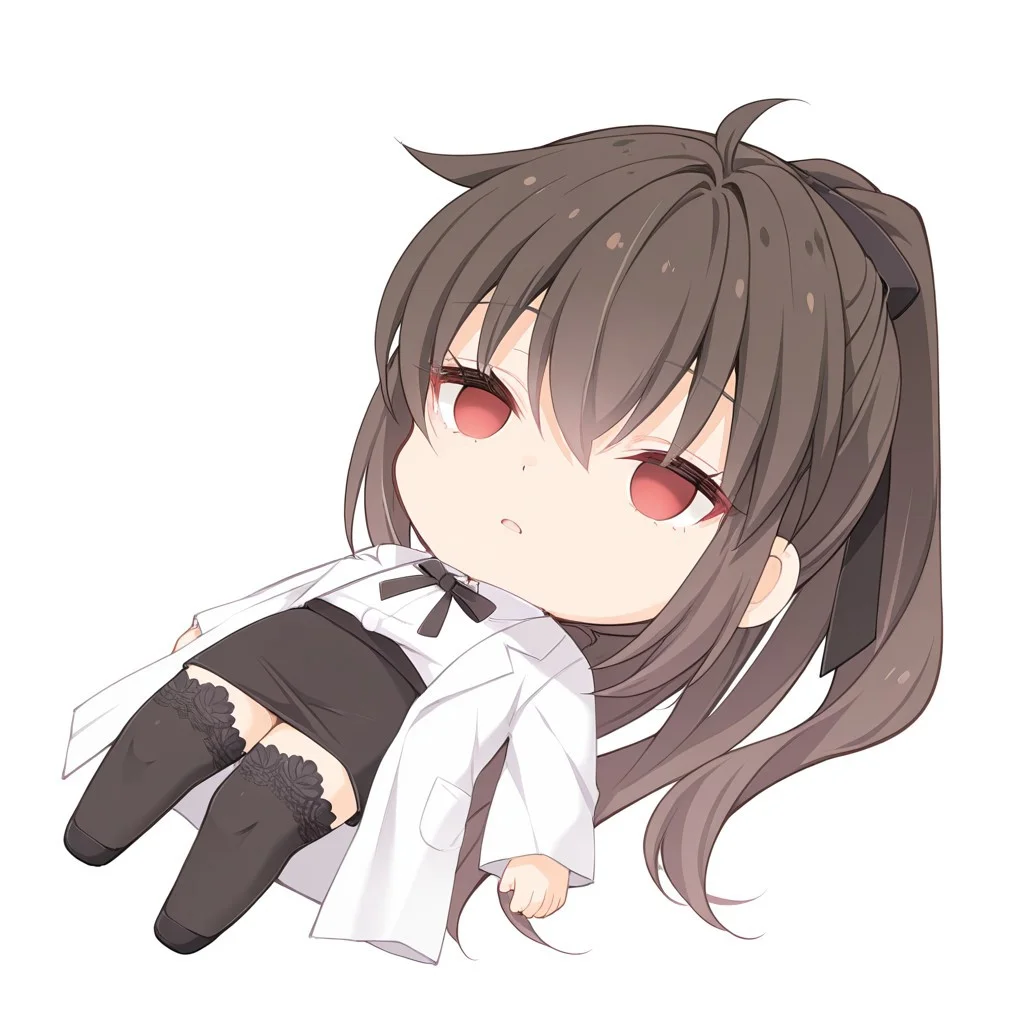 masterpiece, best quality, newest, chibi, full body, lying, on back, empty eyes, solo, 1girl, simple background, white background, UraKanna, red eyes, ponytail, long hair, brown hair, black hair ribbon, lab coat, lace-trimmed thighhighs, black thighhighs