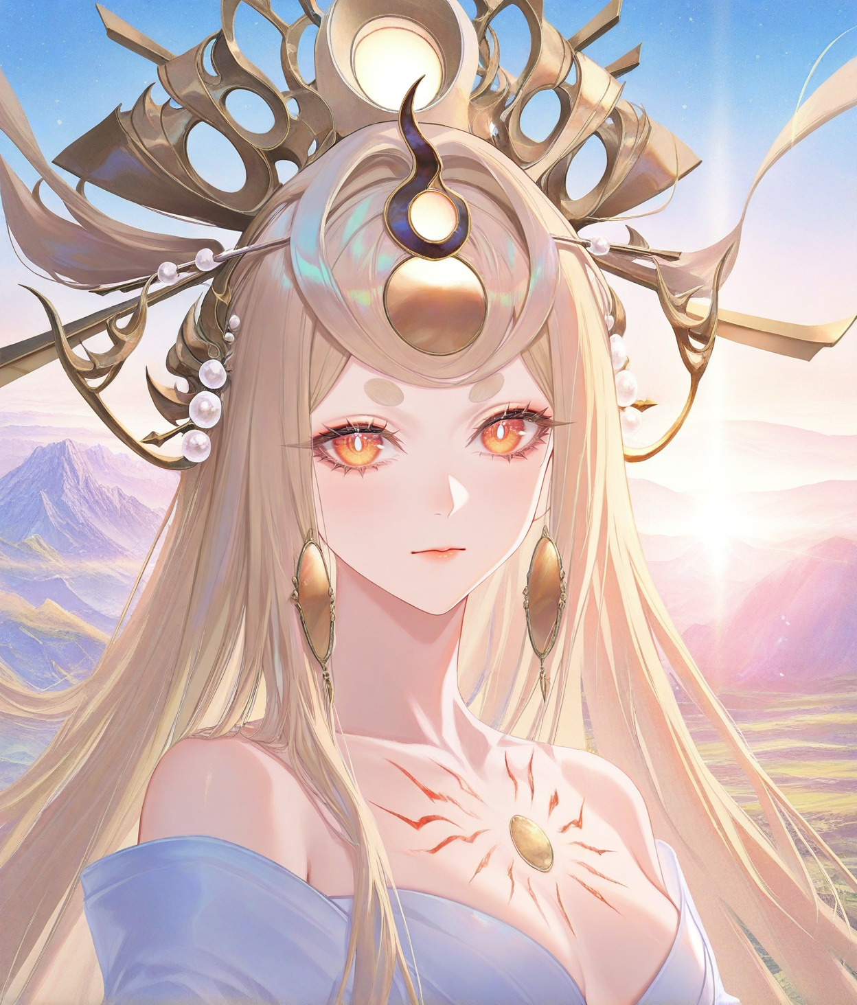 8k,best quality,masterpiece,(ultra-detailed),(high detailed skin),((artist:reoen),(artist:fuzichoco),(artist:atdan),(artist:torino_aqua),year 2024:0.8),[artist:wlop],[artist:ningen_mame],artist:ciloranko,[[artist:rhasta]],artist:tidsean,colorful,
sexualized,beautiful,bright pupils,long eyelashes,collarbone,narrow waist,<lora:detailed hand focus style illustriousXL v1:1>,thick eyebrows,looking at viewer,
scenery,landscape,dramatic lighting,<lora:DetailedEyes_V3:1>,<lora:ClearHand-V2:1>,<lora:amaterasu(onmyoji)-000010:1>,amaterasu \(onmyoji\),long hair,very long hair,jewelry,dress,bare shoulders,hair ornament,hair stick,crown,headpiece,white top,long sleeves,white sleeves,wide sleeves,ribbon,dawn,sunrise,stars,<lora:backlitILL:0.5>,backlit,backlighting,<lora:gs_style_ilxl:1>,portrait,close up,face focus,facing viewer,front view,
