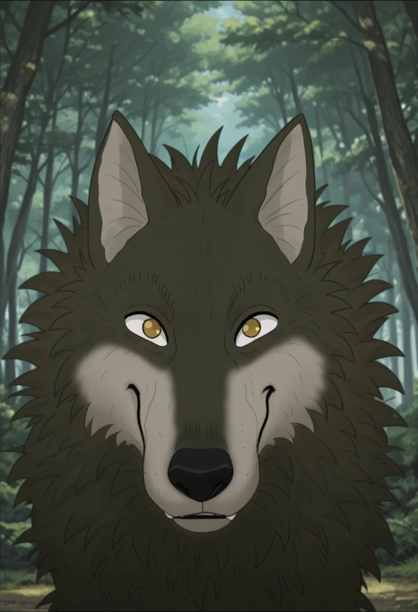 AnYnMovieStyle, wolf, solo, forest, looking at viewer, smile, day