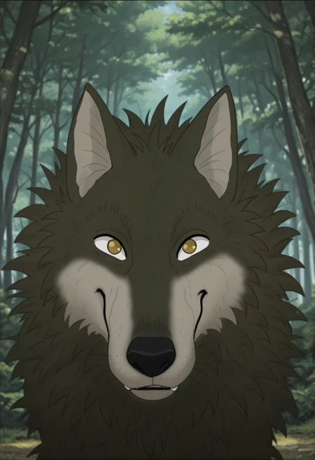AnYnMovieStyle, wolf, solo, forest, looking at viewer, smile, day