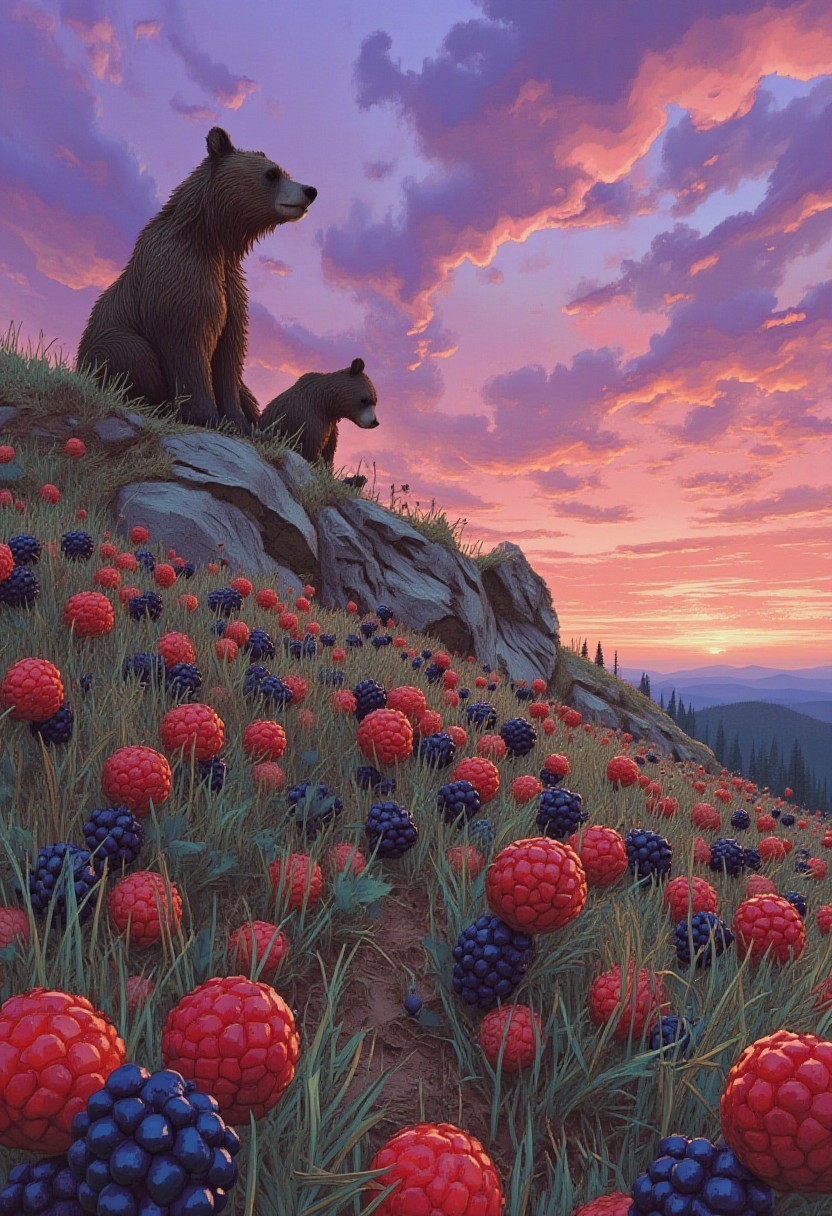 comic art by Mike Allred, 
A peaceful hillside covered in giant berries that glisten with dew. Bear families gather on the hillside, rolling the berries down to each other and laughing as they feast. The sky is a brilliant canvas of purples, pinks, and oranges, casting a magical glow over the entire landscape, 
in the style of decaying animatronic, claymation, VHS screen grab, grainy, old footage, in the style of an old 80's VHS dark fantasy, VHS screen grab, grainy, old footage
art by torikun, SentinelBot, OBxiaoxiang