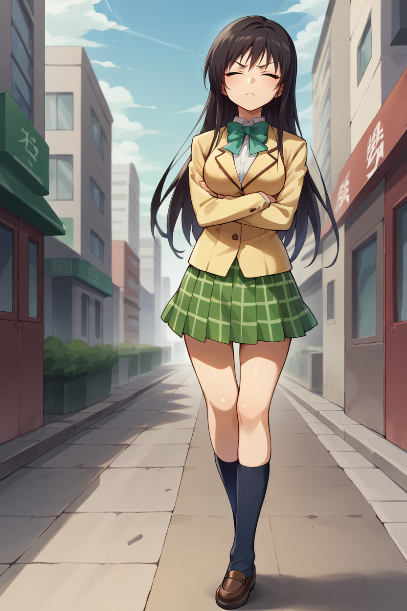 score_9, score_8_up, source_anime, BREAK 1girl <lora:kotegawayui-pdxl-nvwls-v1:1> kotegawayui, long hair, yellow blazer, long sleeves, green bowtie, plaid miniskirt, green miniskirt, closed eyes, socks, crossed arms, looking sideways, pout, blue sky, city, furrowed brow