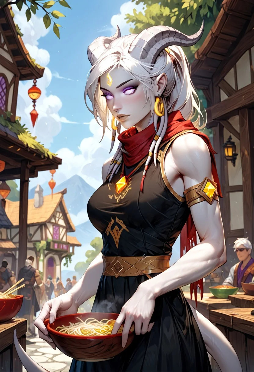 masterpiece, score_9, score_8_up, score_7_up, score_6_up, world of warcraft, fantasy, <lora:add-detail-xl:1.5>,
fFaceDetail, (female, draenei, h0rns, ram horns, white horns, tall, athletic arms, pale white skin, long white hair, purple eyes, long white tail, long fingers),
(long loose black dress, red silk scarf, tail under dress, simple armlet, small yellow gem pendant, small yellow gem earrings),
(holding a wooden bowl, wooden bowl with noodles inside, two chopsticks in bowl, steaming noodles),
depth of field, outdoors, (fantasy faire, wooden village), (crowds in background, fantasy clothing, human, varied clothing)