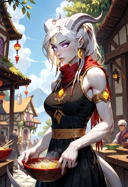 masterpiece, score_9, score_8_up, score_7_up, score_6_up, world of warcraft, fantasy, <lora:add-detail-xl:1.5>, 
fFaceDetail, (female, draenei, h0rns, ram horns, white horns, tall, athletic arms, pale white skin, long white hair, purple eyes, long white tail, long fingers), 
(long loose black dress, red silk scarf, tail under dress, simple armlet, small yellow gem pendant, small yellow gem earrings),
(holding a wooden bowl, wooden bowl with noodles inside, two chopsticks in bowl, steaming noodles), 
depth of field, outdoors, (fantasy faire, wooden village), (crowds in background, fantasy clothing, human, varied clothing)