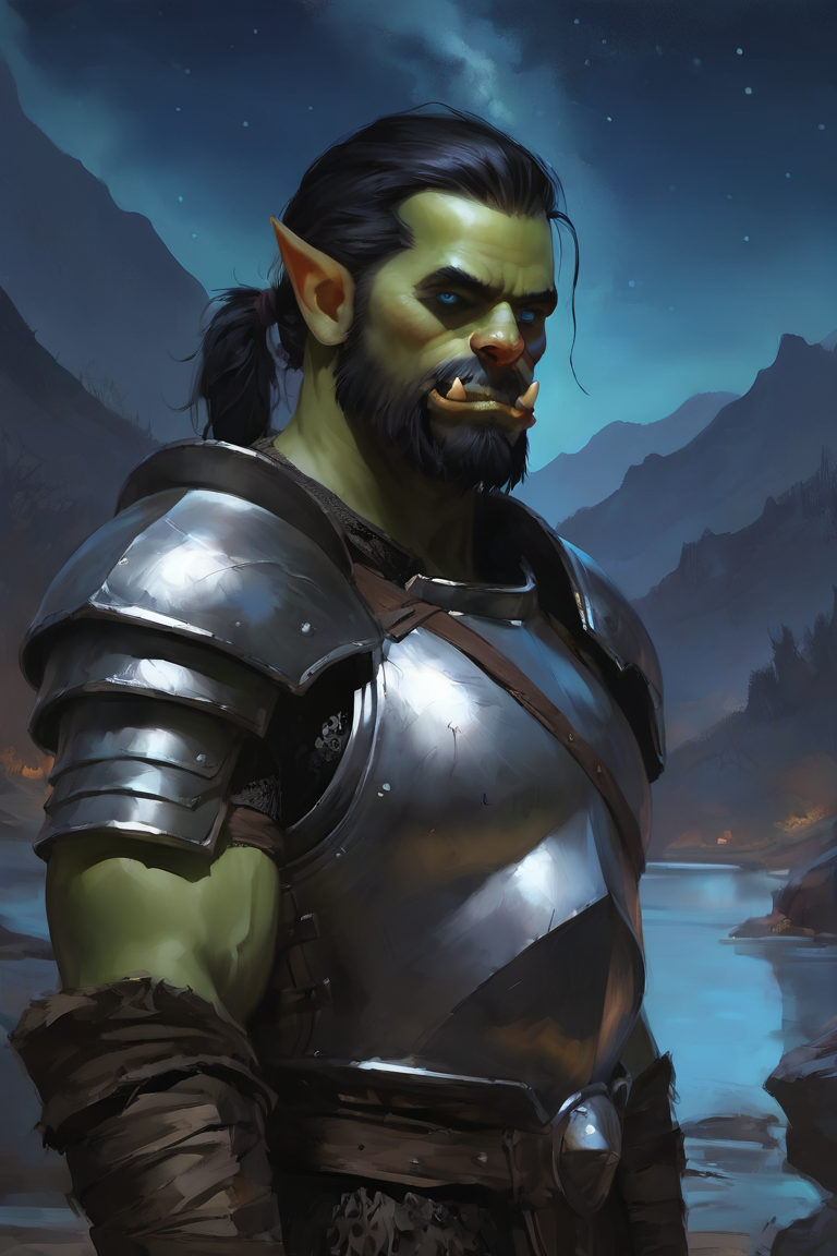 masterpiece, best quality, highres, newest, digital art, realistic, 1boy, solo, male focus, mature male, orc, colored skin, green skin, tusks, blue eyes, medium hair, black hair, hair slicked back, ponytail, facial hair, beard, mustache, looking at viewer, full armor, shoulder armor, breastplate, pauldrons, upper body, closed mouth, standing, outdoors, mountain, night, night sky, dark background <lora:Digital Art [LoRA] - NoobAI-XL EPS 1.0:0.8>