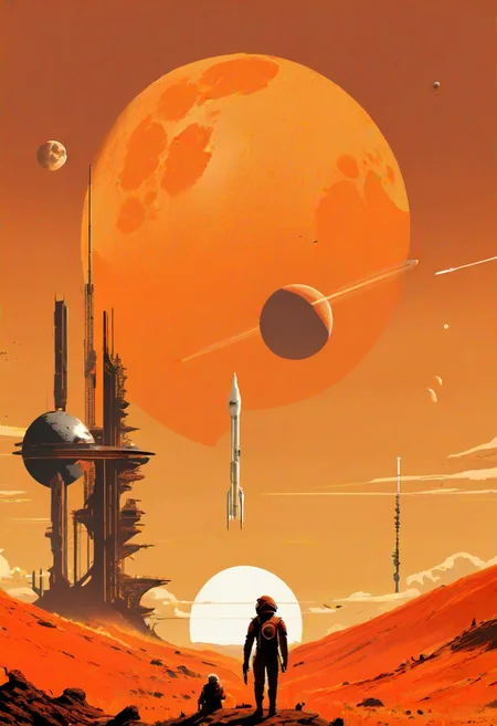 ((masterpiece, best quality)), high resolution, highly detailed,
scifi, perfect scifi, minimalist, cinematic, movie poster, warm colors, orange theme, 1boy, standing, weapon, outdoors, sky, cloud, gun, moon, helmet,  sun, planet, spacecraft, tower,