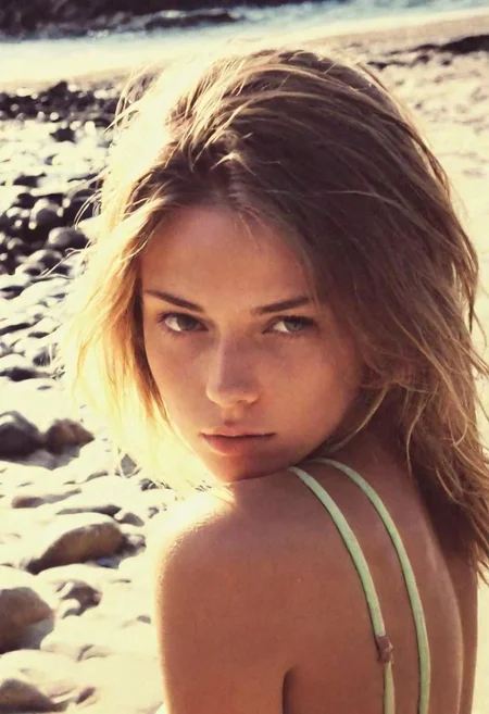 Summerof86, a stunning girl in a swimsuit at the beach, realistic body proportions, average body, realistic photo, taken with iphone, sharp focus, low contrast, soft light, professional (vintage:2) photo, natural, cute, cozy, instagram, polaroid, light leak, accidental (masterpiece, best quality, highres),TooSkinny NegFixBadPhoto