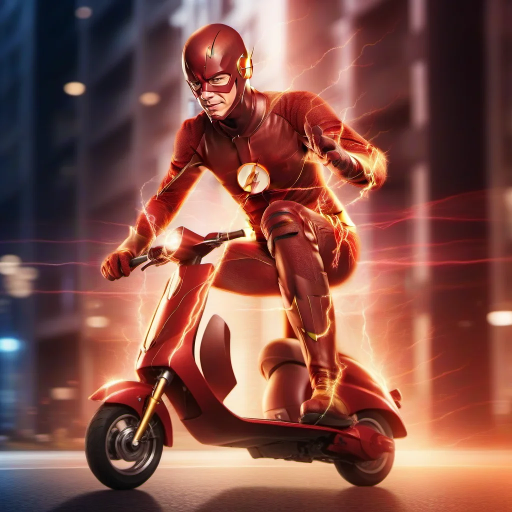 cinematic photo a full body The Flash rides an scooter in town, fast, blur motion <lora:TheFlashCW1024:0.8> . 35mm photograph, film, bokeh, professional, 4k, highly detailed