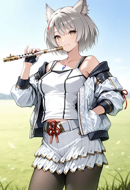 masterpiece, best quality, newest, absurdres, highres,<lora:MioXC3Illustrious:1> , , MI0XC3, grey hair, short hair, cat ears, white tanktop, chest jewel, open jacket, off shoulder, frilled skirt, pantyhose, fingerless gloves, holding flute, smile, looking at viewer, 1girl, solo, grass, sky,