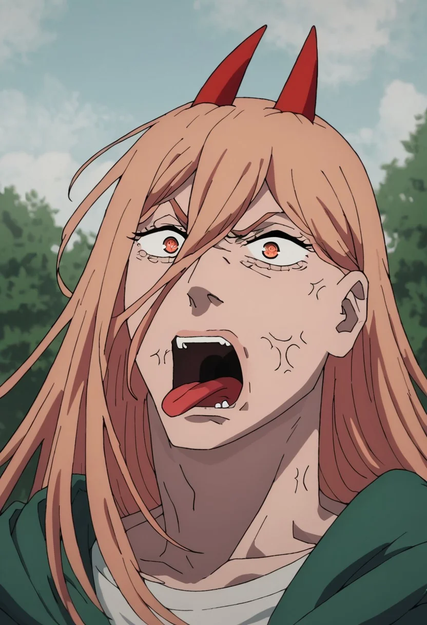score_9, score_8_up, score_7_up, portrait, 1 boy,solo focus, PepeREEEEEEEEEEEEE, Enragedpepe, solo, tongue, open mouth, anger vein, angry, p0w3r0x1, long hair, blonde hair, red horns, demon pupils
