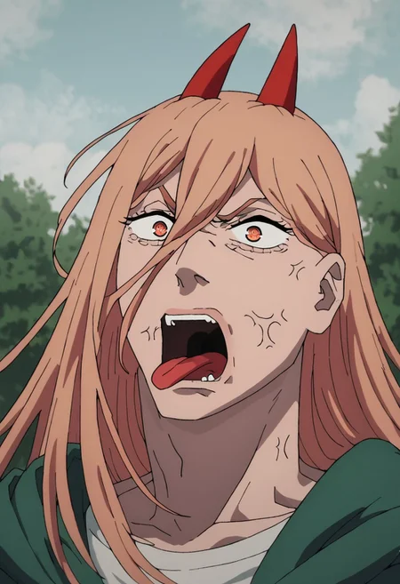 score_9, score_8_up, score_7_up, portrait, 1 boy,solo focus, PepeREEEEEEEEEEEEE, Enragedpepe, solo, tongue, open mouth, anger vein, angry, p0w3r0x1, long hair, blonde hair, red horns, demon pupils