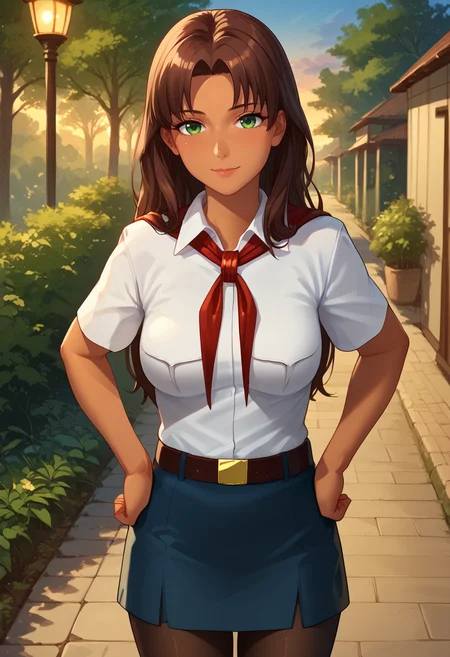 score_9, score_8_up, score_7_up,
best quality, masterpiece, ultra detailed,
<lora:Expressive_H:1>, blush, light smile, hands on hips,
looking at viewer,
mature girl,
<lora:Everlasting_Summer_Olga_by_GraffMetal_V2.4:0.7>, olga, long hair, brown hair, green eyes, bangs, parted bangs, straight hair, tan skin, dark skin, solo, medium breasts,
white collared shirt, short sleeves, red neckerchief, neckerchief, belt, blue skirt, high white socks, short skirt, winged footwear, black pantyhose,
amazing background, outside, evening, nature,
<lora:Everlasting_Summer_Vanilla_Art_Style_by_GraffMetal:1>,