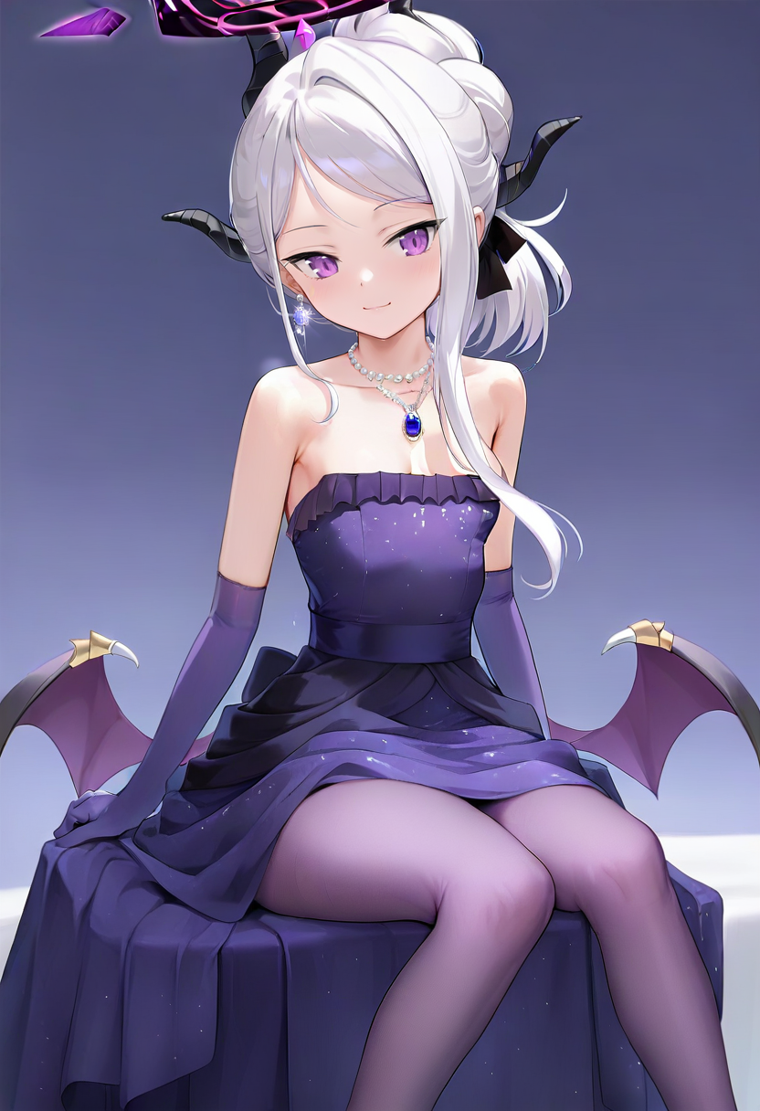 1girl, hina \(blue archive\), hina \(dress\) \(blue archive\), blue archive, bare shoulders, black halo, black horns, breasts, closed mouth, cross, cross earrings, dress, earrings, elbow gloves, feet out of frame, floating earring, gloves, grey hair, halo, horns, jewelry, looking at viewer, multiple horns, necklace, official alternate costume, official alternate hairstyle, pantyhose, pearl necklace, purple dress, purple eyes, purple gloves, purple pantyhose, purple wings, simple background, sitting, small breasts, solo, strapless, strapless dress, white background, wings, pendant, long hair, demon girl, demon horns, low wings, blush, collarbone, smile, dangle earrings, demon wing, cleavage <lora:mignonXL_il_lokr_V53P1:0.95>