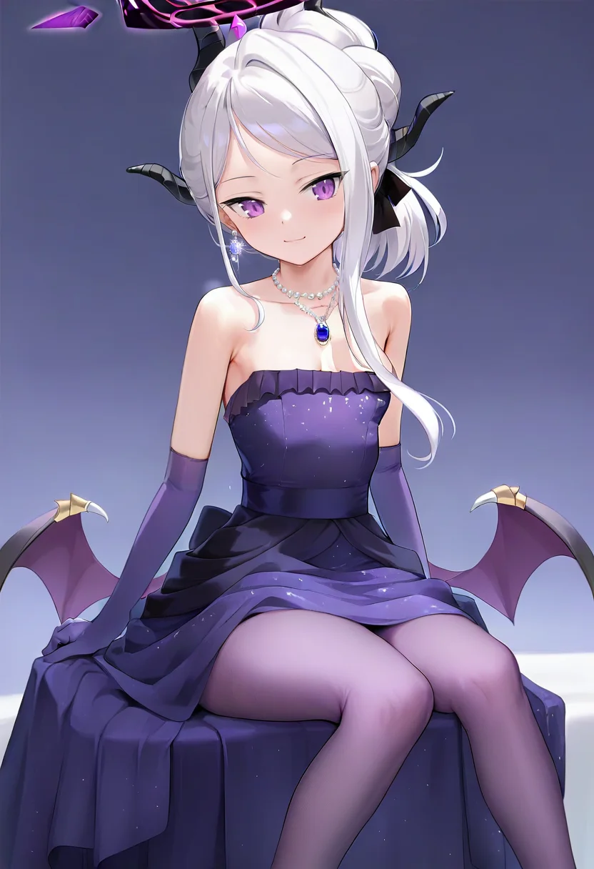 1girl, hina \(blue archive\), hina \(dress\) \(blue archive\), blue archive, bare shoulders, black halo, black horns, breasts, closed mouth, cross, cross earrings, dress, earrings, elbow gloves, feet out of frame, floating earring, gloves, grey hair, halo, horns, jewelry, looking at viewer, multiple horns, necklace, official alternate costume, official alternate hairstyle, pantyhose, pearl necklace, purple dress, purple eyes, purple gloves, purple pantyhose, purple wings, simple background, sitting, small breasts, solo, strapless, strapless dress, white background, wings, pendant, long hair, demon girl, demon horns, low wings, blush, collarbone, smile, dangle earrings, demon wing, cleavage <lora:mignonXL_il_lokr_V53P1:0.95>