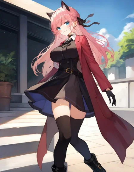 score_9,score_8_up,score_7_up,score_6_up BREAK official art,solo,outdoors,smile,cowboy shot,looking at viewer,facing viewer,Vivi,cat ears,long hair,pink hair,hair ribbon,black ribbon,sidelocks,bangs,blue eyes,choker,red coat,black dress,collared shirt,white shirt,shirt under dress,neck ribbon,white button,long sleeves,black gloves,large breasts,black belt,black thighhighs,zettai ryouiki,boots,black footwear,<lora:Vivi(v atmi)-Pony:1.4>,<lora:Smooth Anime Style LoRA XL:0.8>,