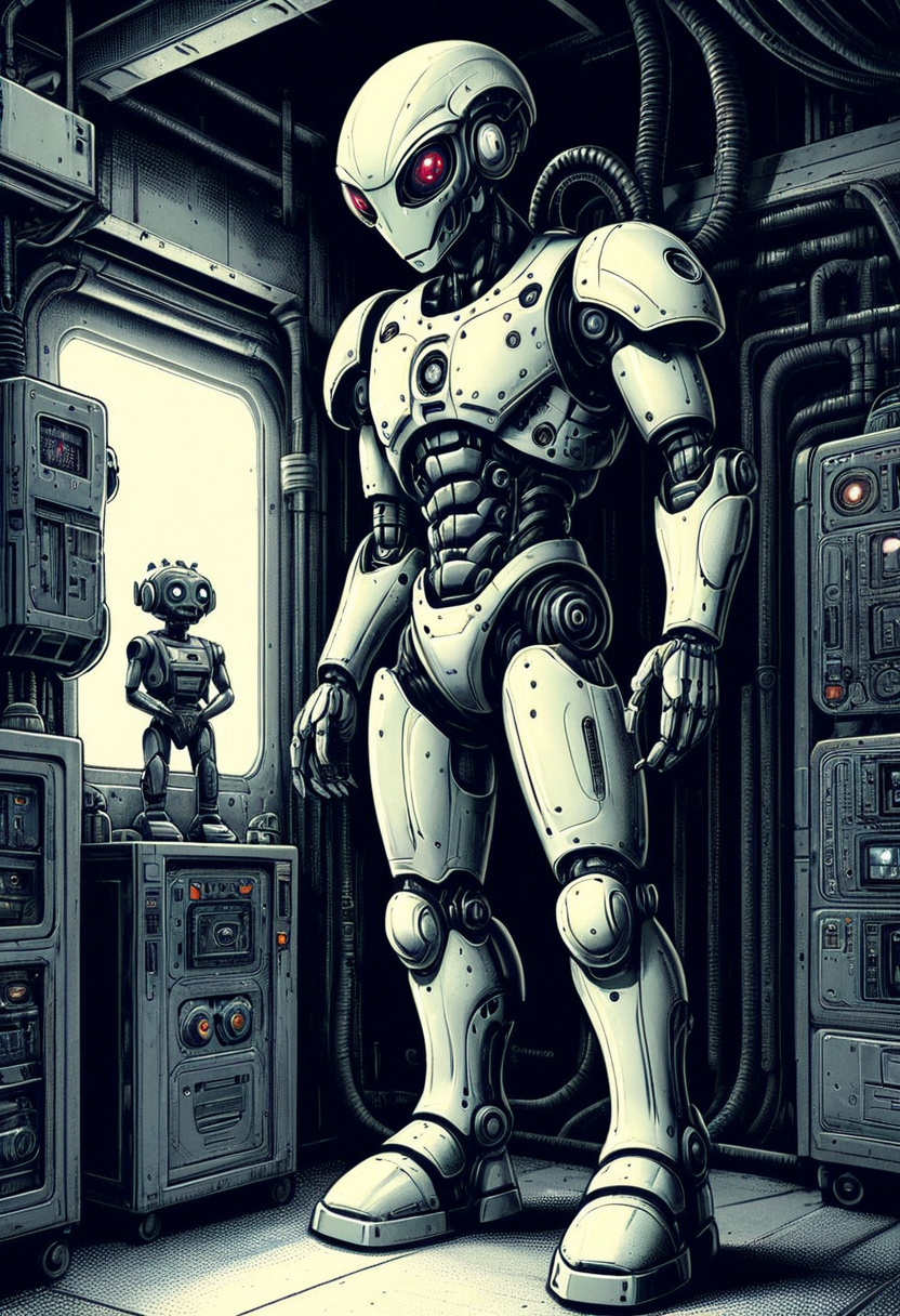 A standing robot alien, in a scifi room setting, comic, (monochrome:0.5), mobe-90c0m, <lora:RetFutCom-V1:0.85>,