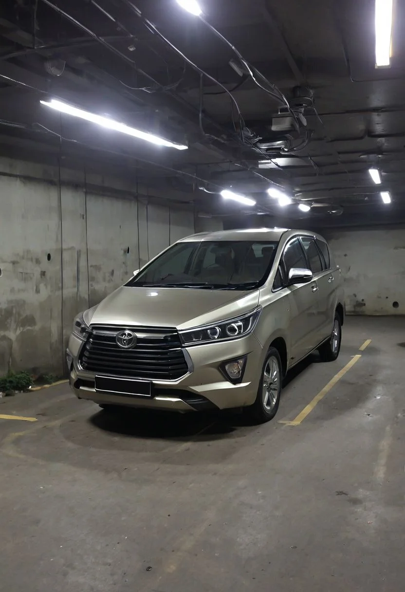 Toyota Innova, basement parking, dim light, spotlight,