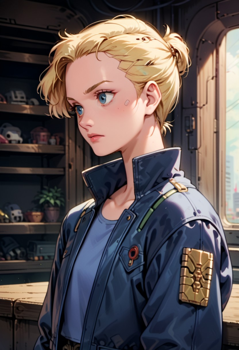 score_9, score_8_up, score_7_up, source_anime, highly detailed, Calla, Casual Calla, solo, cyberpunk, mech, pilot, leather jacket, cyborg, 1girl, upper body, female focus, indoors, knva, undercut, cyborg, long blonde hair, blue eyes, gold headwear,