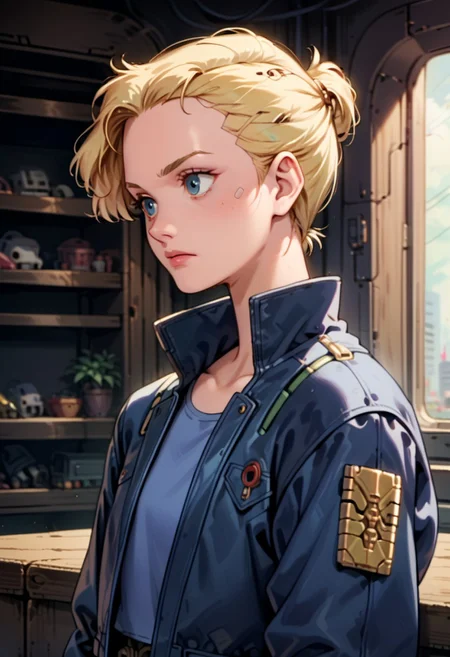 score_9, score_8_up, score_7_up, source_anime, highly detailed, Calla, Casual Calla, solo, cyberpunk, mech, pilot, leather jacket, cyborg, 1girl, upper body, female focus, indoors, knva, undercut, cyborg, long blonde hair, blue eyes, gold headwear,