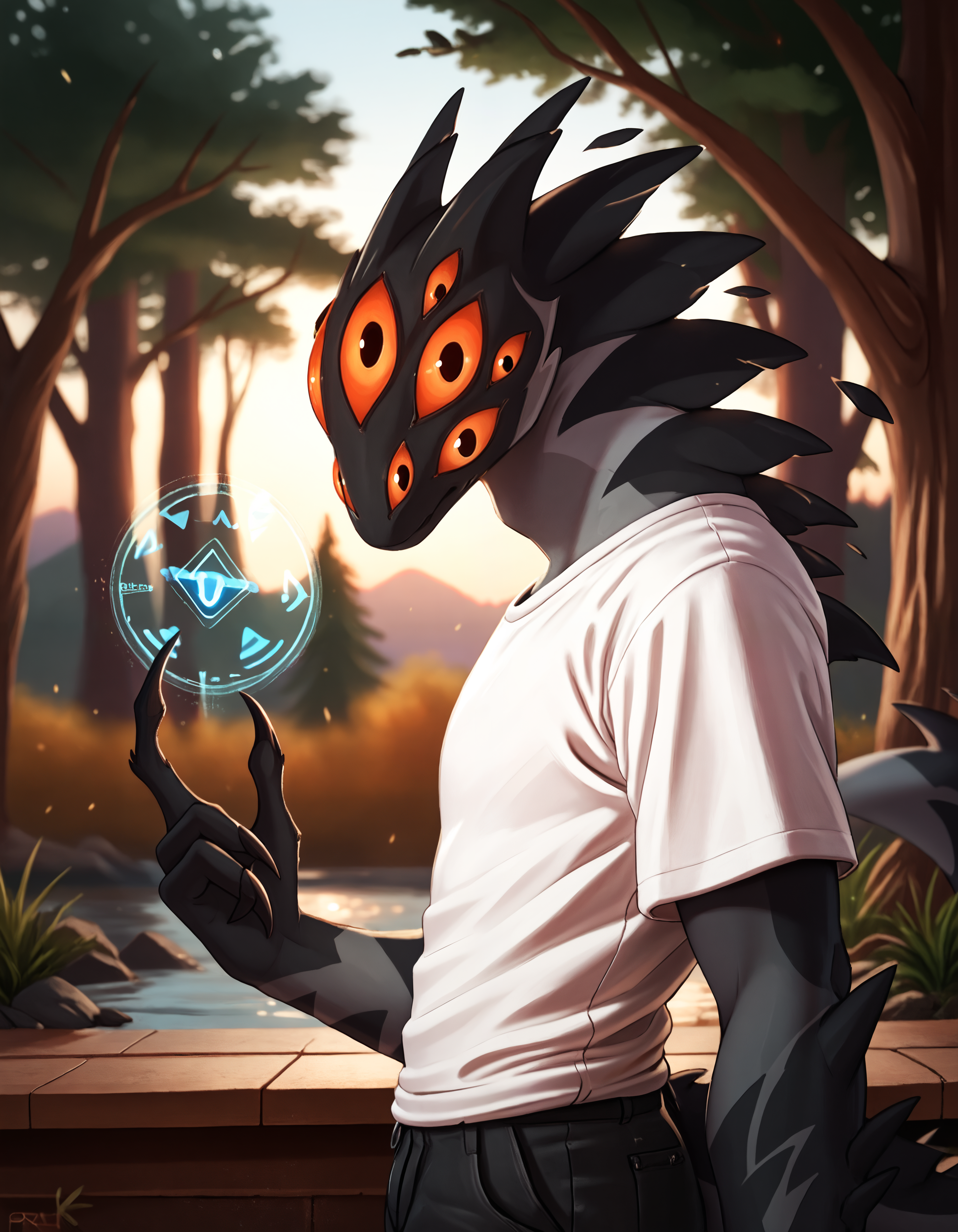 score_9, score_8_up, score_7_up BREAK rating_safe, source_furry, detailed, depth of field, detailed background, cinematic lighting, particles, decals, masterpiece, (best quality, high quality, 8K:1.5), <lora:sinfully_stylish_SDXL.safetensors:0.95>,  embedding:zPDXL3, anthro, <lora:add-detail-xl.safetensors:2.5>, <lora:Jerry_Creatures_Of_Sonaria.safetensors:0.95>, j3rry_cos, anthro, furry, 1boy, extra eyes, no humans, solo, claws, red eyes, smile, cute, looking at viewer, tail, two-tone body, black body, grey body, solo, clothes, white shirt,  (close up, from side, standing, happy, broadleaf forest hologram reflection:1.15)