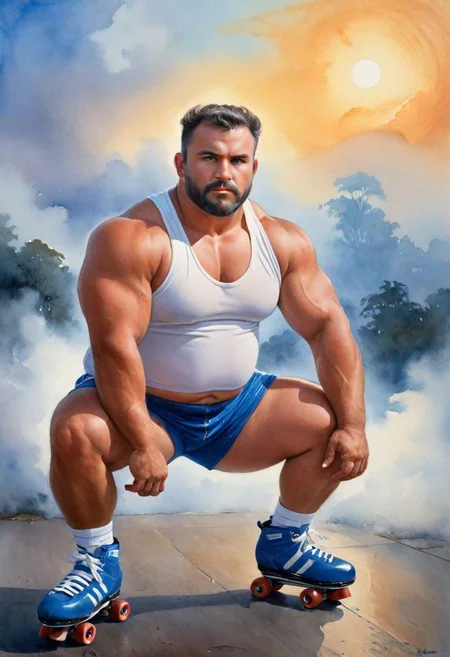 sporty beefy, hairy, big, huge, fat, chubby, stocky mature musclebear man, 1980s fsahion style, roller skating, white roller, squatting_12, looking at viewer, white tank top, blue shorts, bun on head, sunset, hyper detailed, professional poster art, back light, mystical dense fog, ((oil and watercolor painting)), epic scene, haunting mist, dutch angle, <lora:skj_fineart:0.75>