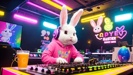 upper body, anime easter bunny,  easter eggs, bunny hears, bunny face, rabbit face dj, colorful clothes , quirky, vibrant appearance, playful accessories, creative behavior, imaginative, sensual, spontaneous, dj headphones, mixing console, music club, night club, indie theaters, underground danceclub, highest quality, texture, intricate details, (cinematic lighting), RAW photo, 8k