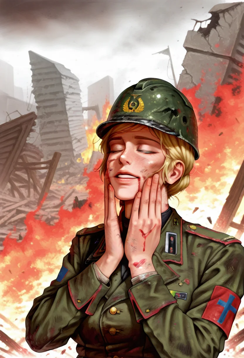 masterpiece, high quality, f33lsg00d, j4kubrzlsk, 1girl, solo, hands on own face, closed eyes, parted lips, light smile, upper body, blonde hair, blood on face, dirty, military, military helmet, military uniform, ruins, debris, war, fire,