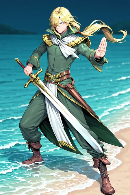 masterpiece, best quality, amazing quality, hatching (texture), FMIXF, vibrant details, vibrant colors, GOHAXI, 1boy, male focus, blue eyes, hair over one eye, long hair, blonde hair, tied hair, white neckerchief, (gold shoulder armor, pteruges), (green tailcoat, high collar, gold trim), (pelvic curtain, gold trim), brown belts, solo, sword, sword guard stance, shoreline background, depth of field
