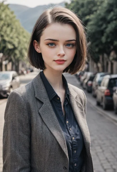 (Flat chest:1.1), young, 18y, (cute:1.3), skinny, tiny waist, dynamic pose, cuteness overload, 
incredibly detailed masterpiece, color contrast, well defined face with interesting features, hyperrealistic, wearing unique fitting aesthetic clothes, vivid colors on accessories and matching outfit, complex patterns in eyes resembling the universe, motion and action in background, leading lines and visual cues directing attention to mouth, image split to rule of thirds,
spiky bald hairstyle, short hair, pale skin, 1girl, jet black hair, ((hair cut super short,)), smile, teeth, lips, side cut hairstyle,