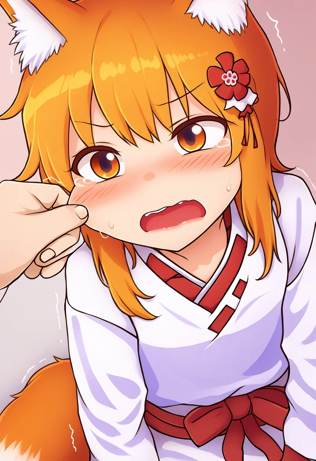 score_9, uncensored, source_anime
BREAK
senko, (pinching:1.2), blush, 1girl, blonde hair, cheek pinching, trembling, open mouth, orange eyes, solo focus, sitting, sweat, miko, japanese clothes, ribbon mesh sleeves, lower teeth only, long sleeves, from above, wariza, cheek pull, full-face blush, animal ears, fox ears, fox tail, hair ornament, hair flower, orange hair, short hair,
<lora:awoo_pony_v1:1> <lora:senko_ds6_ponyxl_lr1e-5_constant_adamw8_dim32_alpha16:1> <lora:pinchinggesture:1>