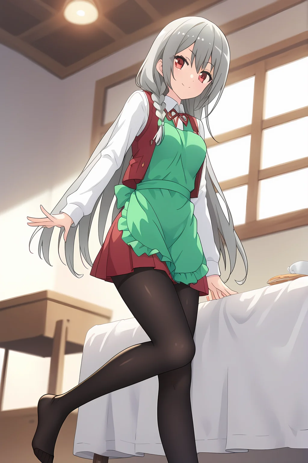(green apron school uniform red vest white short long sleeves red skirt black pantyhose:1.40), ig-maidena, grey hair, red eyes, 1girl, solo, skinny, score_9, score_8_up, score_8, score_7_up, score_7, score_6_up, score_6, score_5_up, score_5, source_anime, (lewd:1.10), indoors, (full body:1.20), (:1.20), feet, <lora:ig-maidena-V01-000003:0.90> medium breasts, long hair, single braid