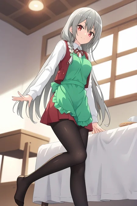 (green apron school uniform red vest white short long sleeves red skirt black pantyhose:1.40), ig-maidena, grey hair, red eyes, 1girl, solo, skinny, score_9, score_8_up, score_8, score_7_up, score_7, score_6_up, score_6, score_5_up, score_5, source_anime, (lewd:1.10), indoors, (full body:1.20), (:1.20), feet, <lora:ig-maidena-V01-000003:0.90> medium breasts, long hair, single braid