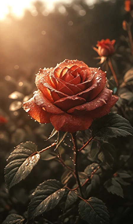 macro photography,dark red rose,morning dew,golden hour,god rays,Hyperrealistic art cinematic film still photography in the style of detailed hyperrealism photoshoot,