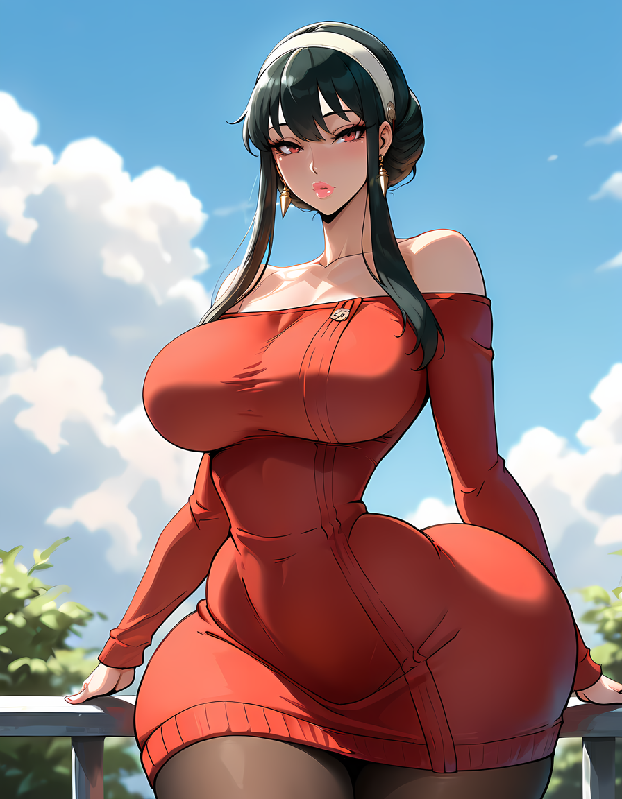 high quality, score_9, score_8_up, source_7_up, very aesthetic, high resolution, newest, depth of field, volumetric lighting, (masterpiece, best quality, ultra-detailed, High detailed), beautiful faces, more detail XL, absurdres,masterpiece,best quality,amazing quality, masterpiece,best quality,amazing quality, 8k, 
BREAK  <lora:style_hhammerh_r2:1> style_hhammerh, wide hips, narrow waist, big ass, large breasts, thick thighs, big lips, yor briar, black hair, red eyes, earrings, white hairband, hairband, long hair, sidelocks, bare shoulders, collarbone, dress, long sleeves, off shoulder, off-shoulder dress, off-shoulder sweater, pantyhose, red sweater, sweater, sweater dress, thighs, upper body, detailed background, dynamic pose, sky, day time, clouds, looking at viewer