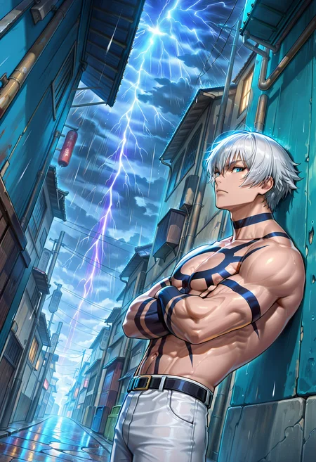 masterpiece, best quality, newest, absurdres, highres, very detailed,
muscular male, koforochi, orochi tattoo, topless male,
white jeans,
male nipples, collarbone, abs, manly,
cloudy, raining, thunderstorm,
rays of god, wide angle, alley, japanese town alley, leaning back, leaning against wall, from side, crossed arms, looking at viewer, facing away,
glowing outline,  
<lora:[Char - IL] KOF - Orochi (v1-R1-E27):1.0>