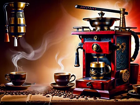 <lora:CulturePunkAI_3:.9> SamuraiPunkAI coffee machine Highly detailed, amazing, Impressive lighting, vibrant colors, Ultra Realistic, High quality, Highly detailed, trending on artstation, intricate detailed background