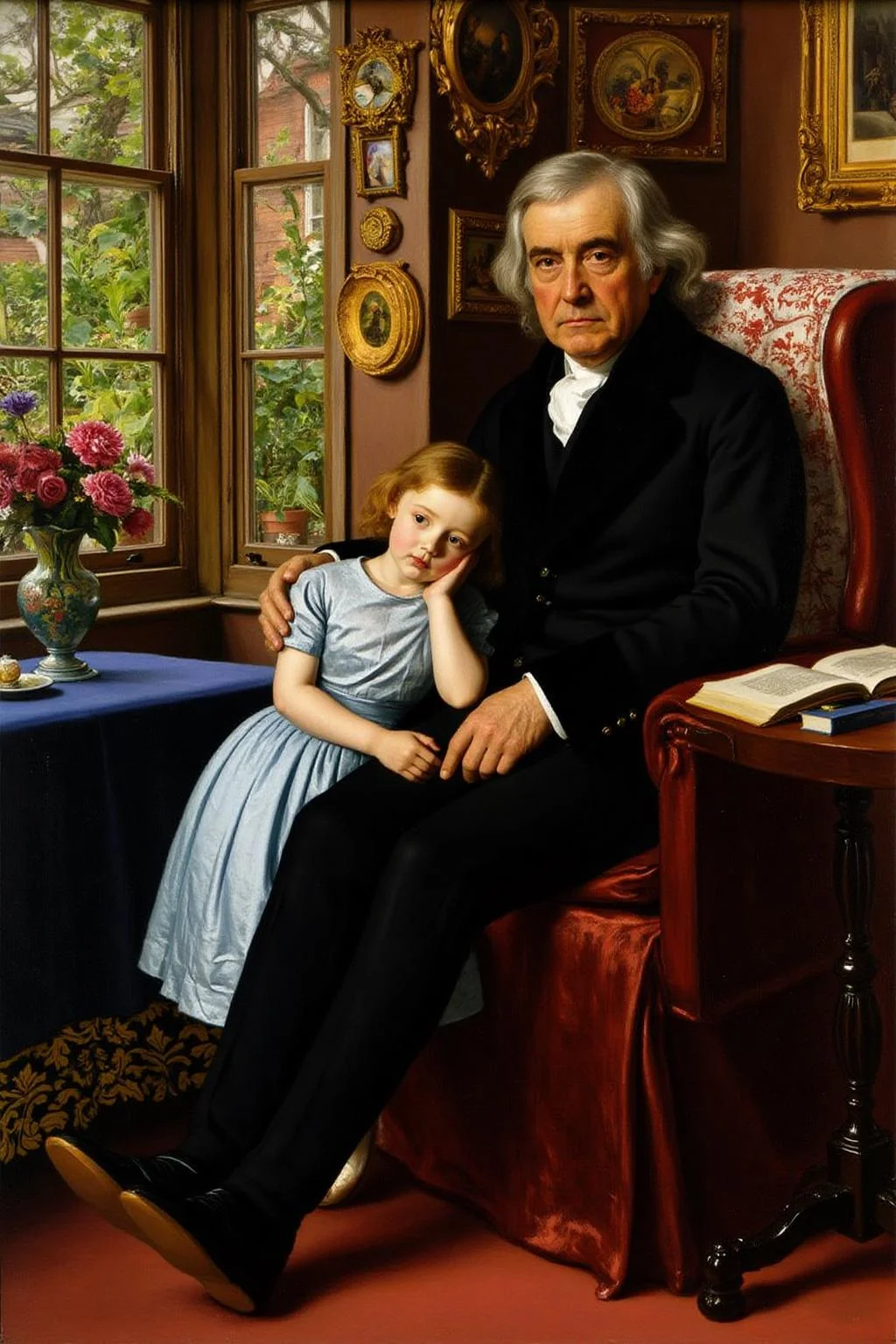 jem1 painting.
An elderly man and a child in a cozy, ornate room. There is a garden with green vegatation outside of the window. The man is sitting on a sofa. He has a stern expression, has silver hair and is dressed in a black suit with a white shirt and a white cravat. The child wears a light blue dress. She is leaning on the leg of the man. There is a table with blue table cloth, with a vase with flowers on top of the table. <lora:jem1_cap_d6a3:1.0><lora:822895775483803194:0>